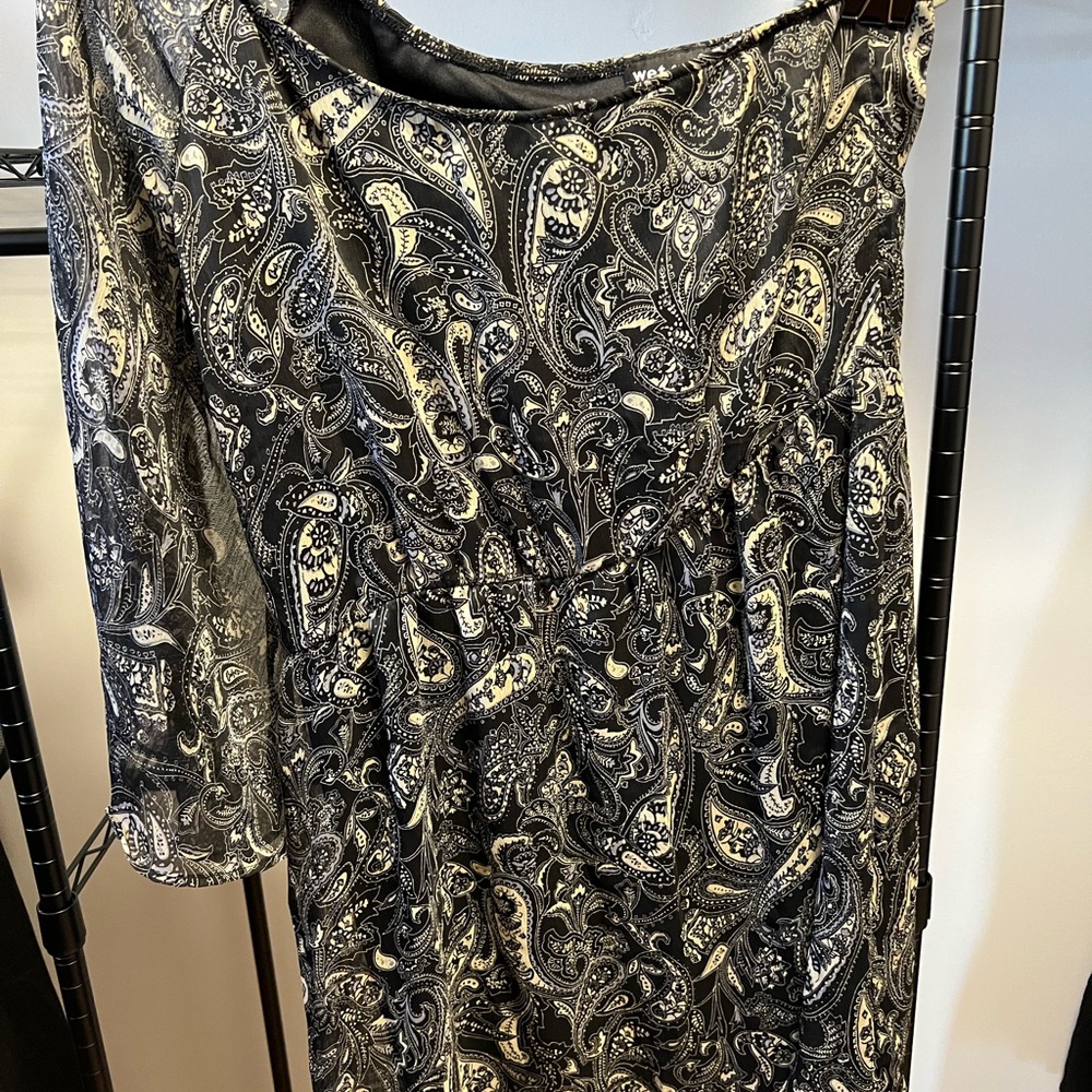 Wet Seal Black and Cream Paisley - One Long Sleeve Dress